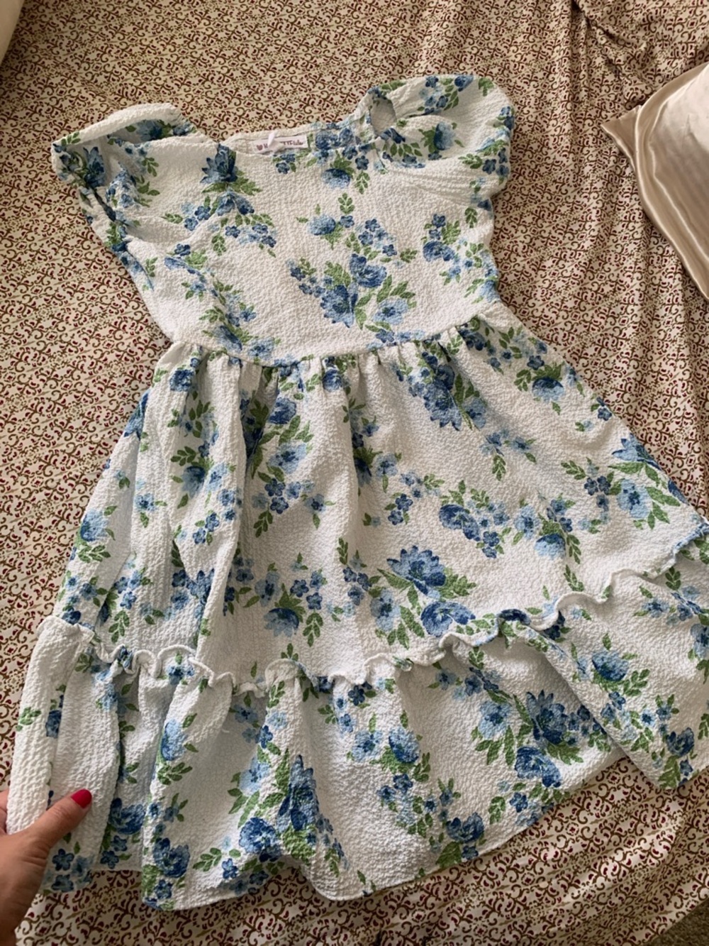 Girls White Floral Ruffle Dress with Blue & Green Print
